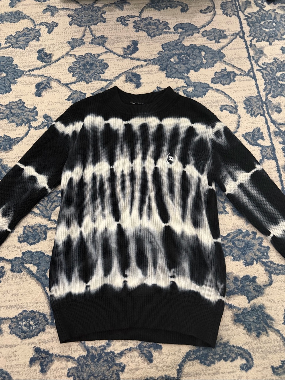 Men's Black & White Tie-Dye Ribbed Crewneck Sweater